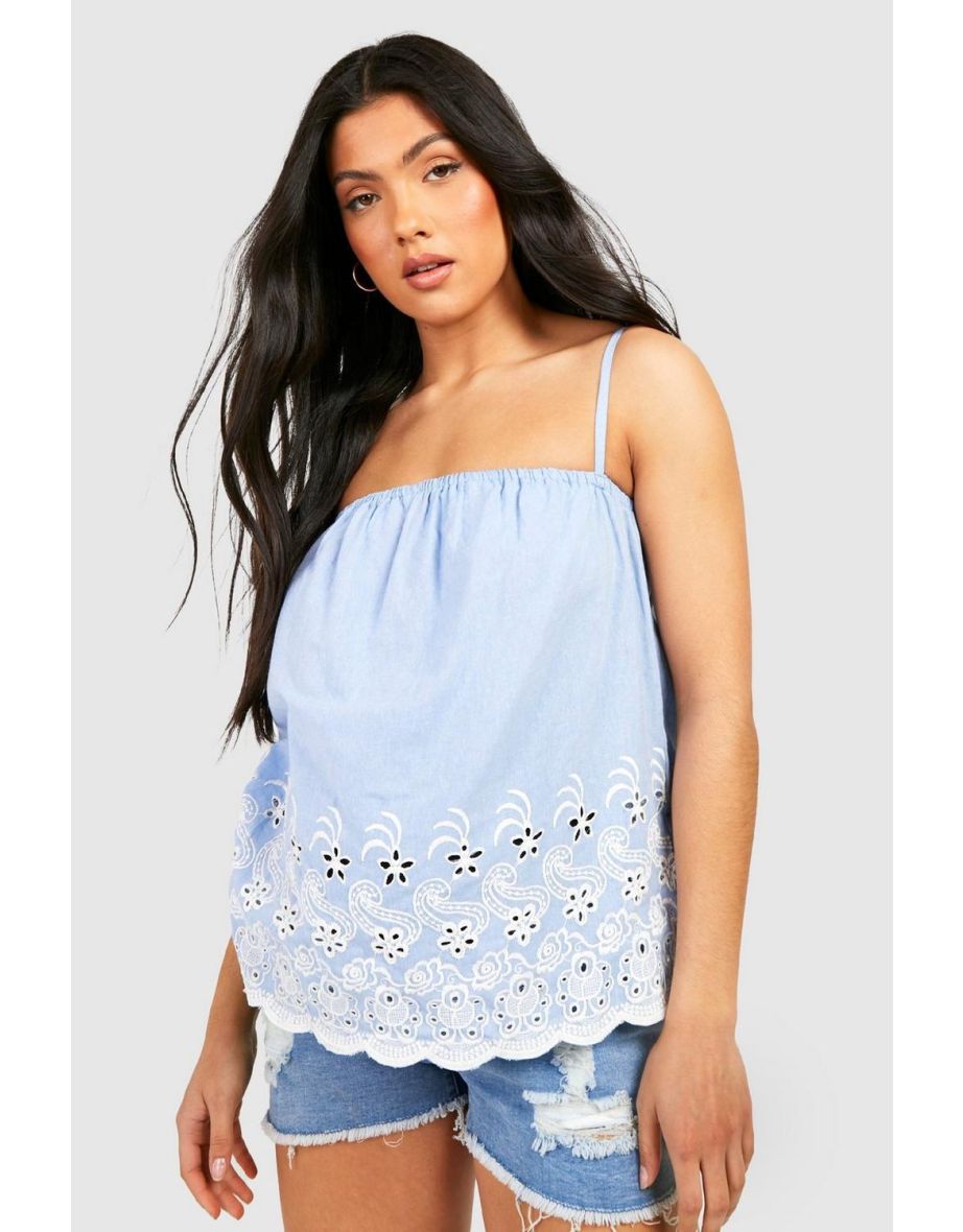 Maternity Embroidered Hem Swing Cami Top - blue