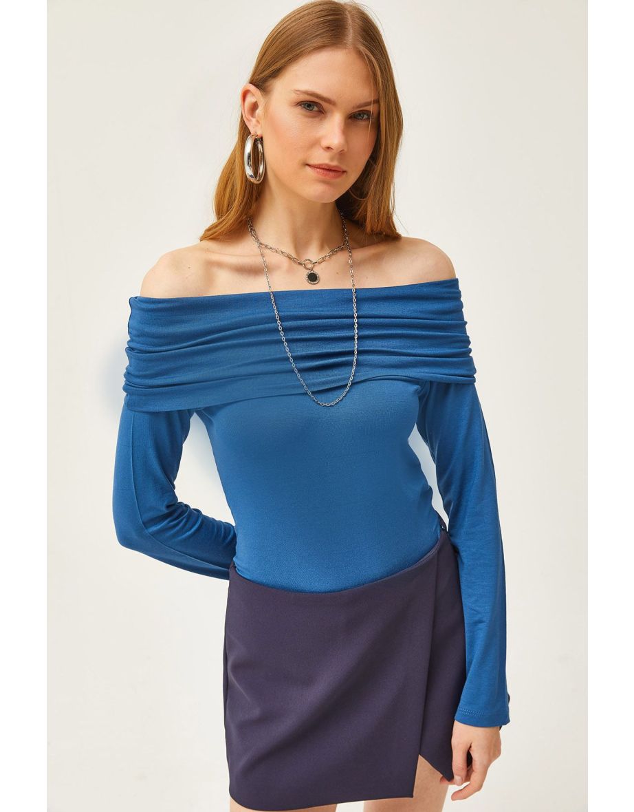 Women's Indigo Madonna Collar Knitted Viscose top