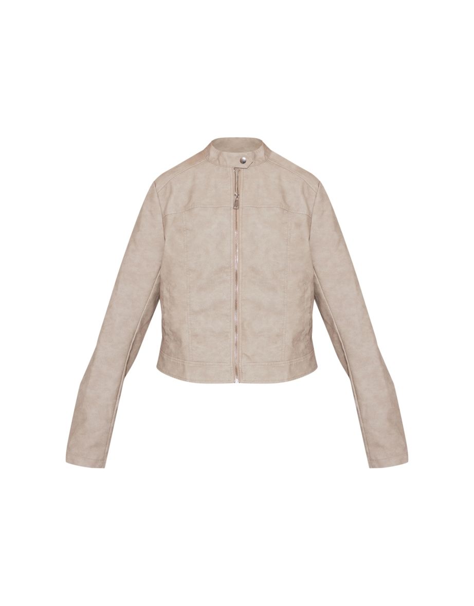 Stone Washed Faux Leather Oversized Seam Detail Jacket - 4