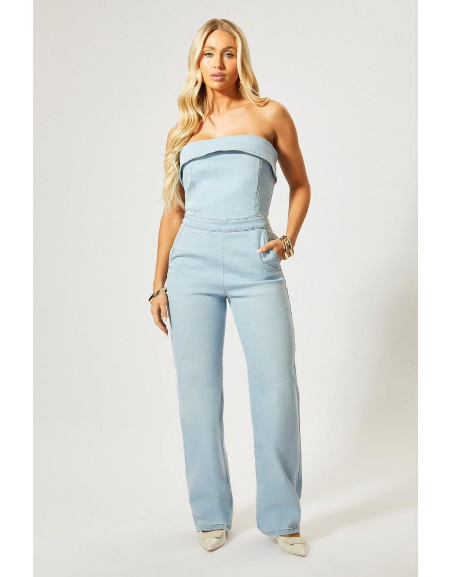 Fold Over Bandeau Denim Jumpsuit