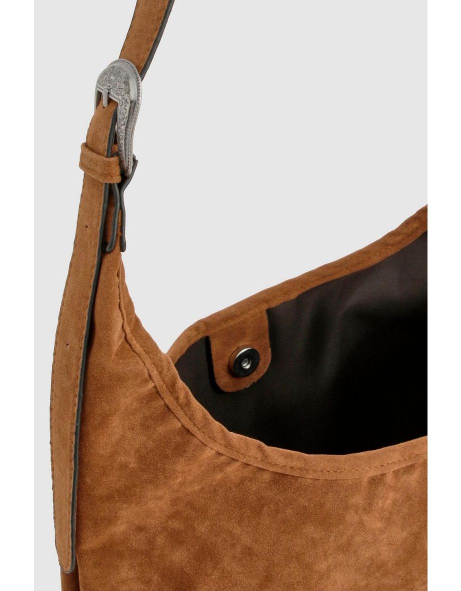 Western Buckle Faux Suede Slouchy Shoulder Bag - tan - 3