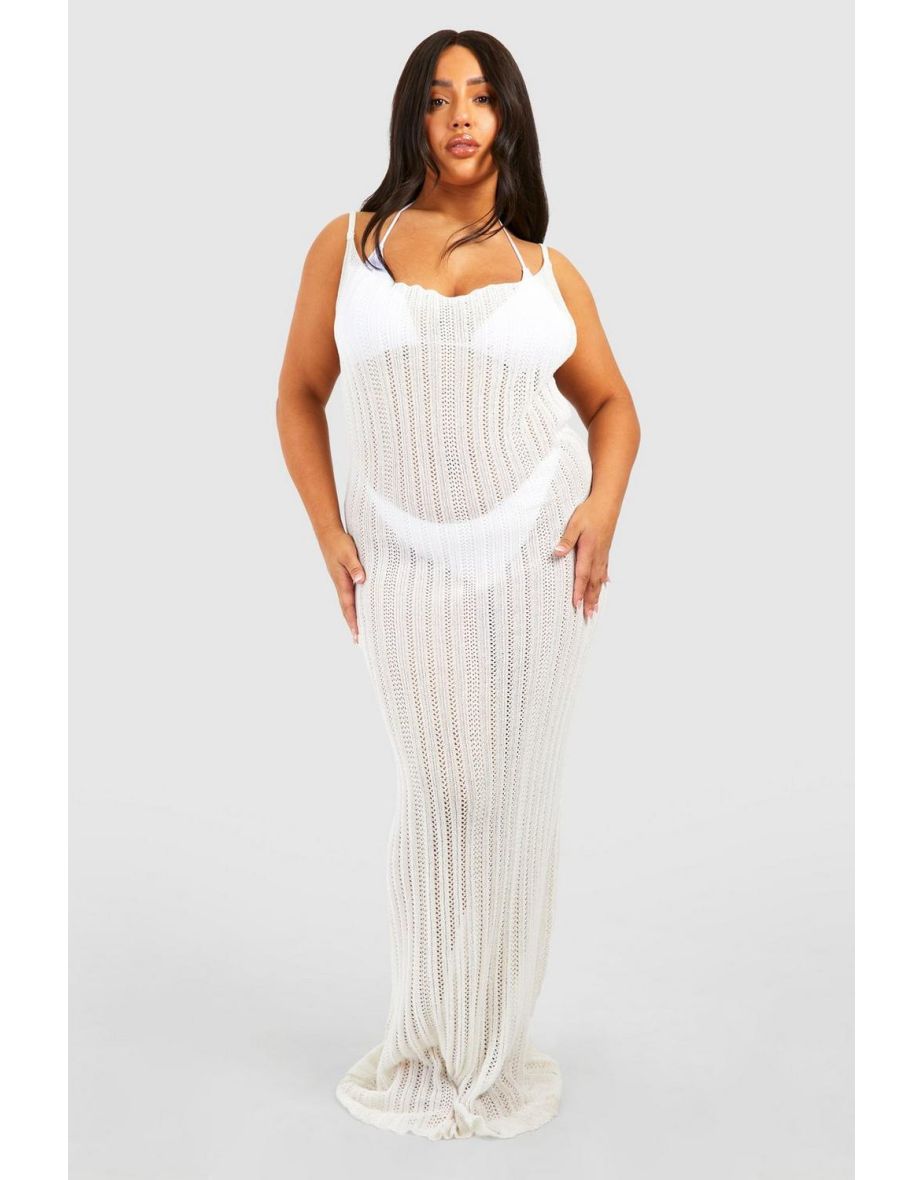 Plus Crochet Ladder Cowl Neck Knitted Maxi Dress - ivory