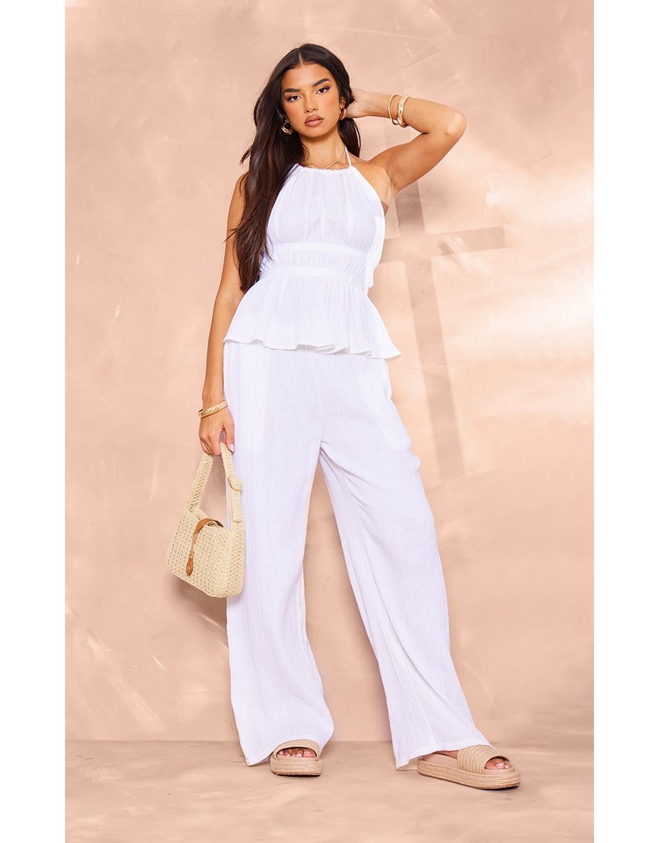 White Cheesecloth Linen Look Halterneck Sleeveless Backless Top