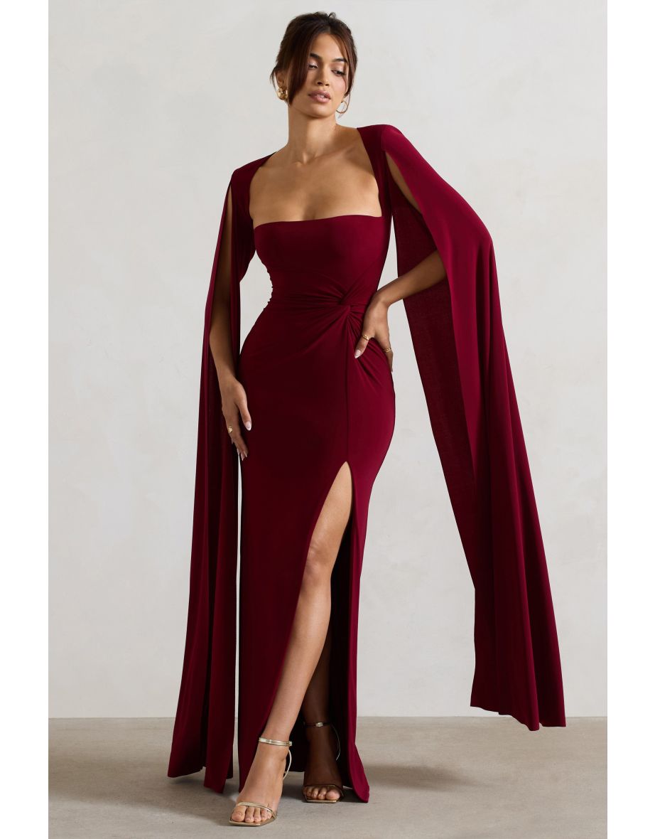 Claretta | Berry Square Neck Twisted Maxi Dress With Cape Sleeves