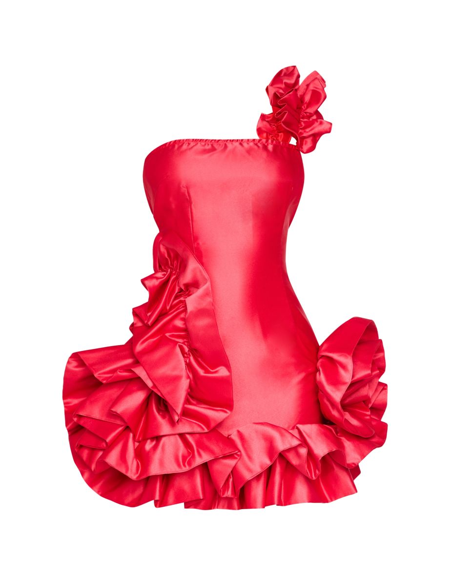 Petite Red Satin Ruffle Hem One Shoulder Mini Dress - 4