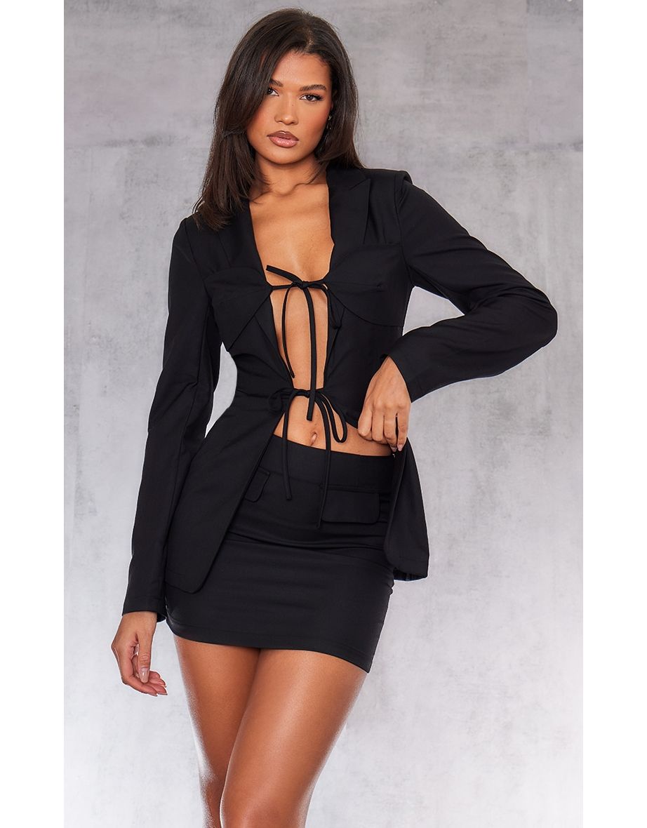 Black Tailored Woven Tie Front Longline Blazer