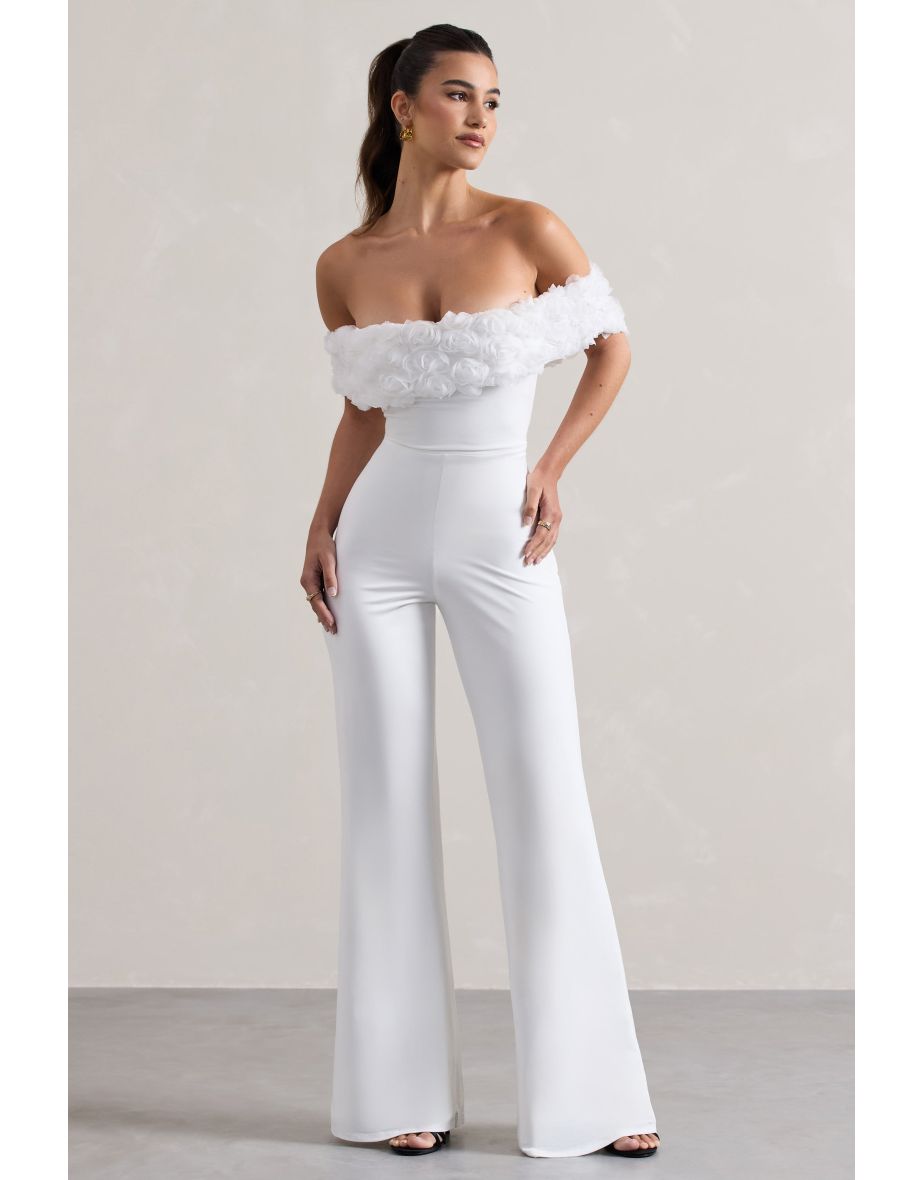Botanique | White Floral Bardot Flared-Leg Jumpsuit