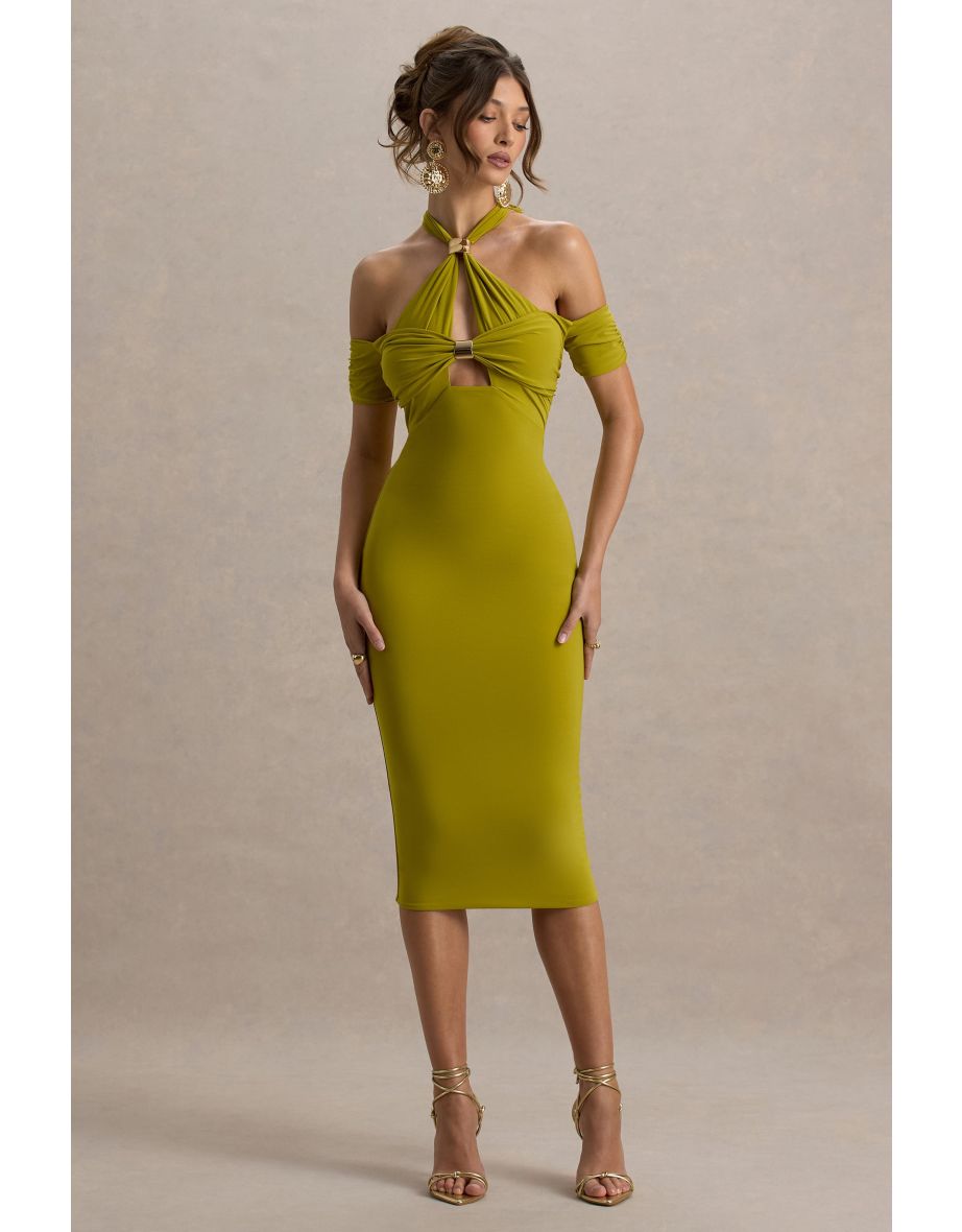 Selvina | Green Cut-Out Halter-Neck Midi Dress