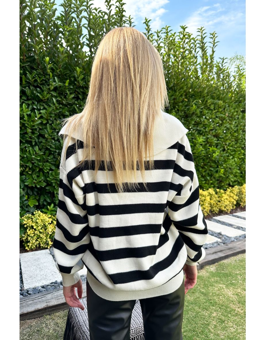 Women's Ecru-Black Polo Collar Striped Lace-Up Oversized Knitwear Sweater - 4