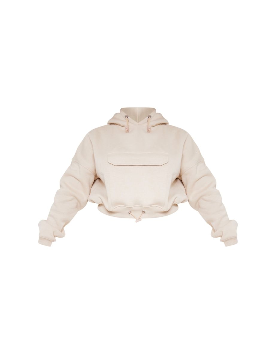 Shape Oatmeal Toggle Waist Pocket Front Cropped Hoodie - 4