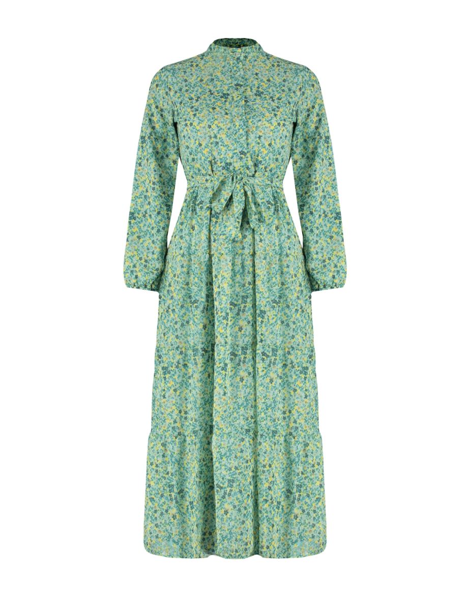 Emerald Green Patterned Belted Stand Collar Lined Chiffon Woven Dress - 7