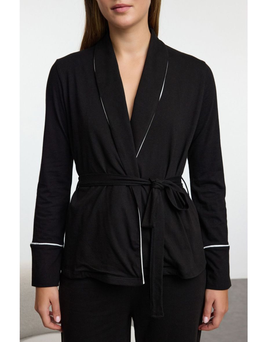 Black Solid Jersey Knitted Pajama Set - 4