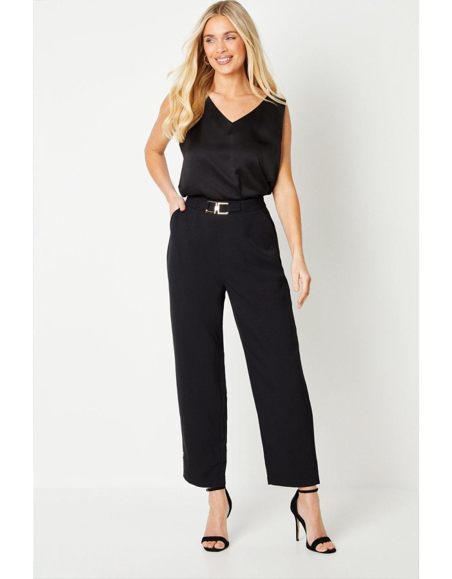 Petite Belt Detail Straight Tailored Trouser