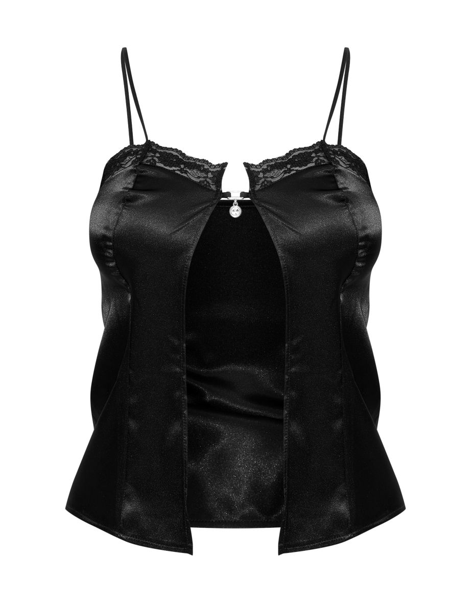 Black Satin Strappy Lace Trim Split Front Cami Top - 4