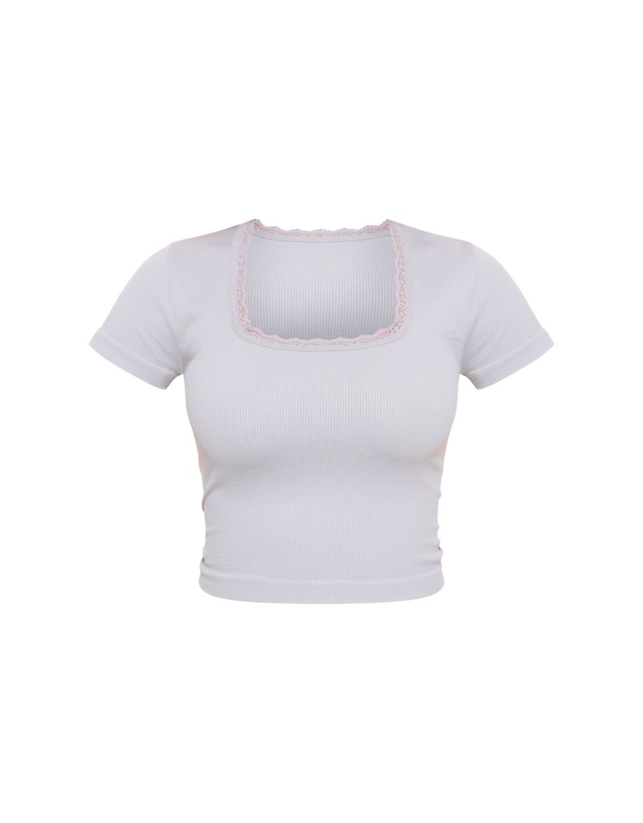 Grey Marl Lace Trim Contour Rib T Shirt - 4