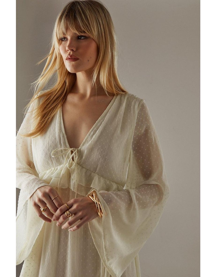 Dobby Chiffon Plunge Neck Ruffle Midi Smock Dress - 3