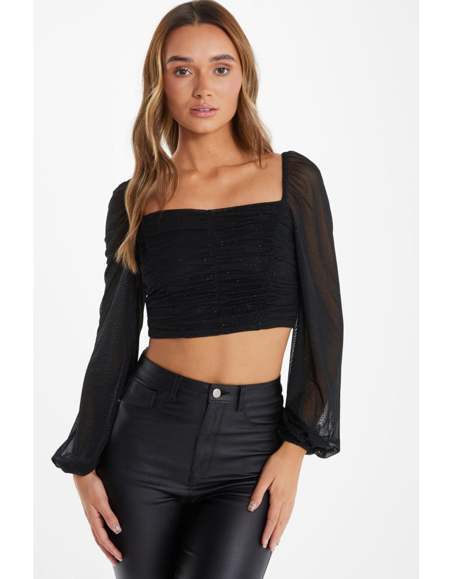 Black Glitter Mesh Crop Top