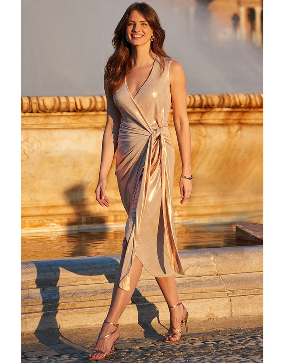 Gold Metallic Wrap Front Shimmer Dress