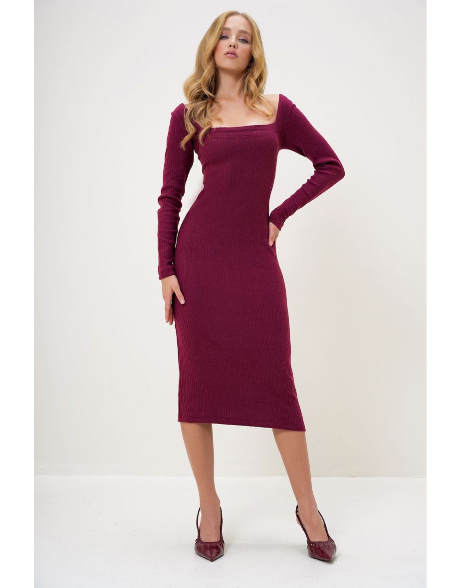 Women's Burgundy Square Neck Long Sleeve Midi Length Interlock Fabric Dress