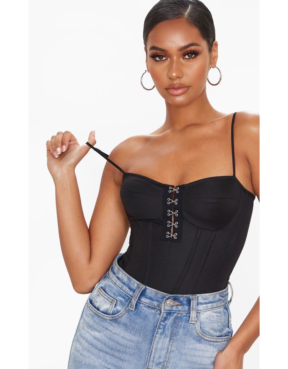 Black Woven Hook And Eye Structured Corset Long Top - 3