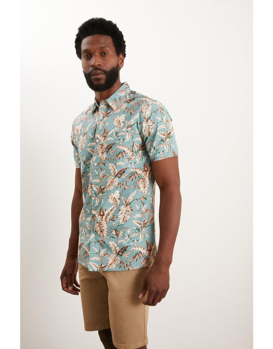 Short Sleeve Light Blue Hawaiian Print Shirt