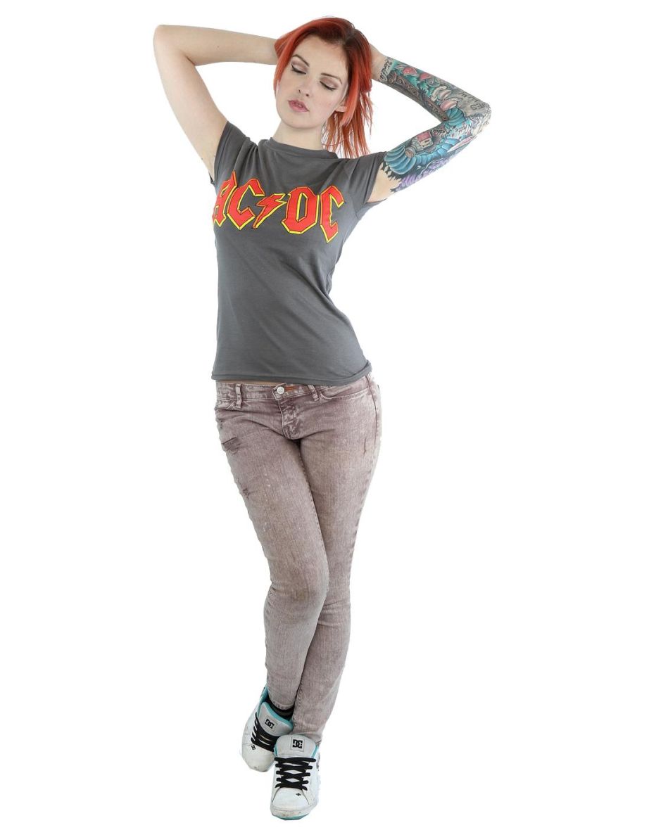 AC/DC Womens/Ladies Red Logo Cotton T-Shirt - Charcoal - 3