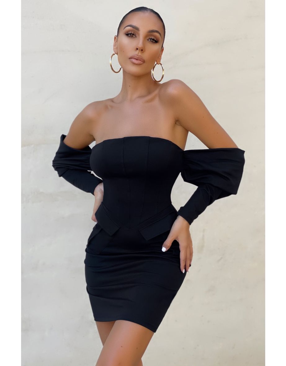 Black Bardot Corset Drape Front Mini Dress - 4