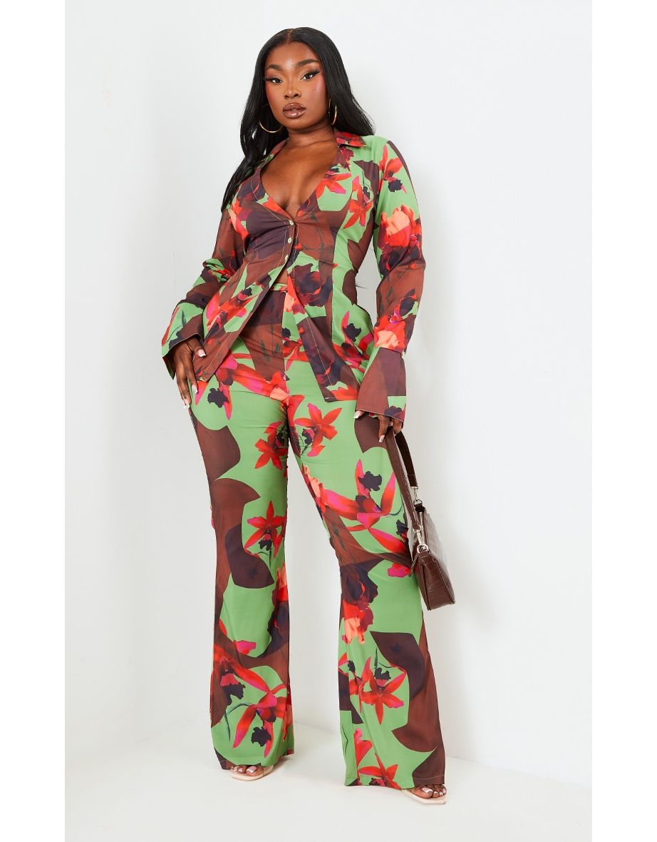 Plus Pink Floral Print Chiffon Flare Trousers