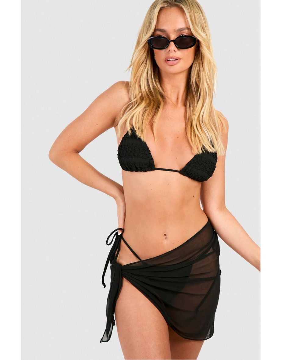 3 Pack Smocked Triangle Bikini Set & Sarong - black - 3