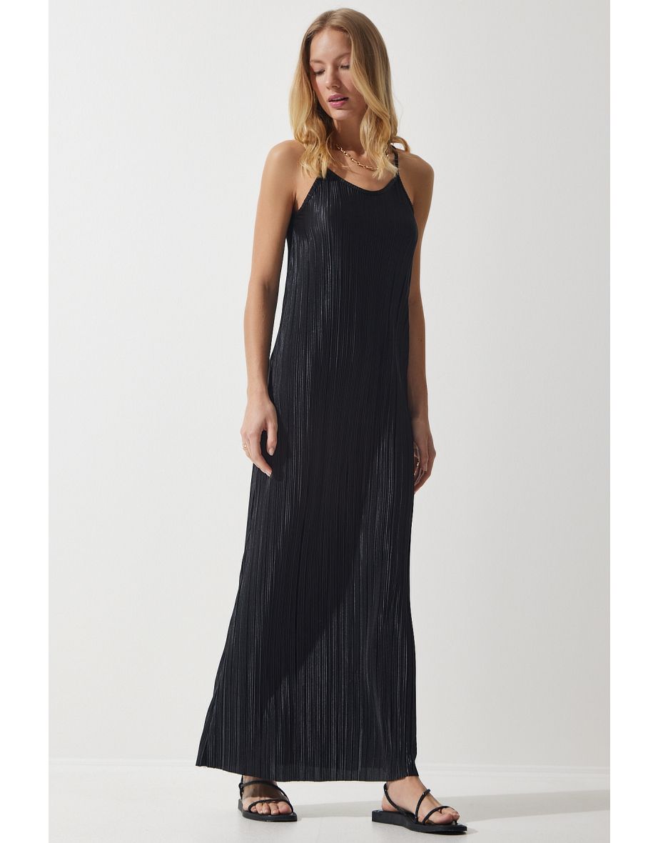 Women's Black Strappy Summer Pleated Dress