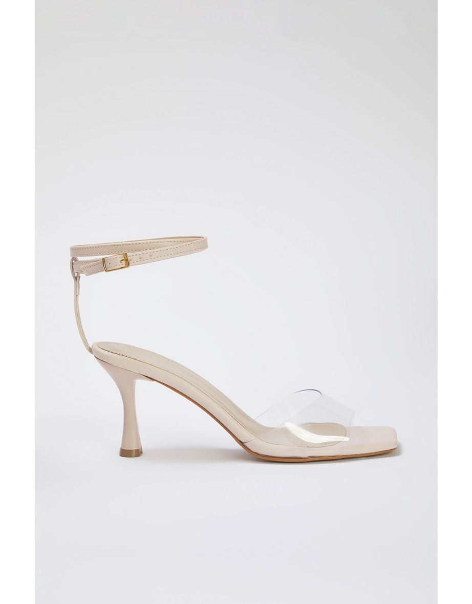 Beige Vinyl Strap Ankle Strap Square Toe Women's Heeled Sandals
