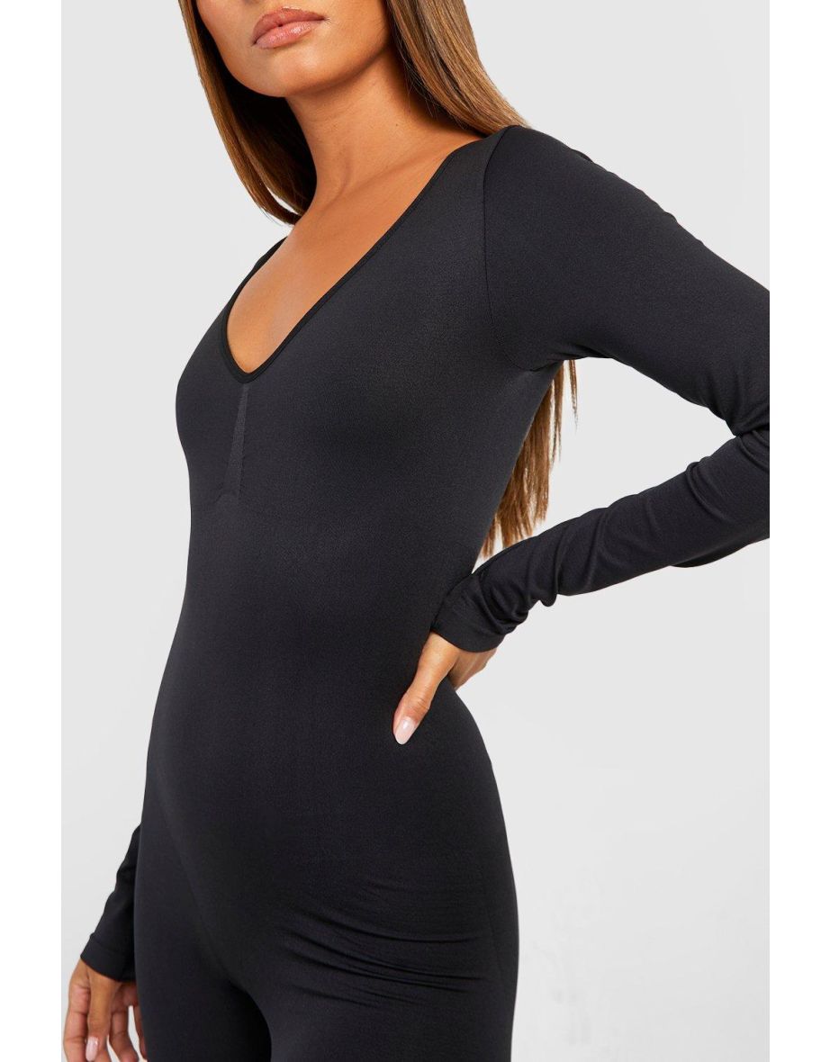 Seamless Sculpt Waist Plunge Long Sleeve Unitard - black - 3