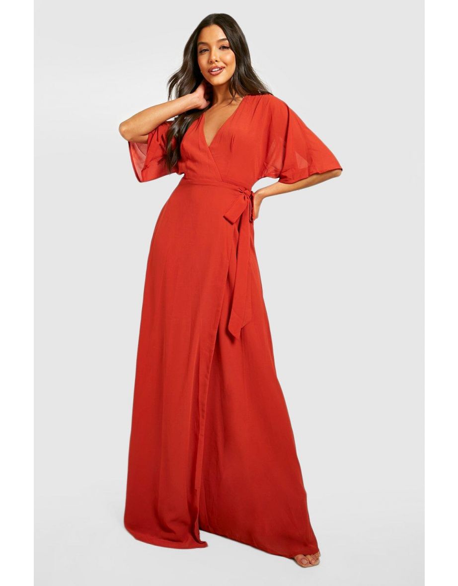 Chiffon Bridesmaid Angel Sleeve Wrap Maxi Dress - cinnamon