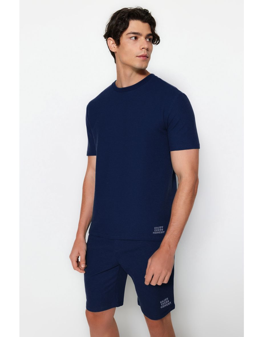 Men's Navy Blue Regular Fit Textured Knitted Pajama Set
