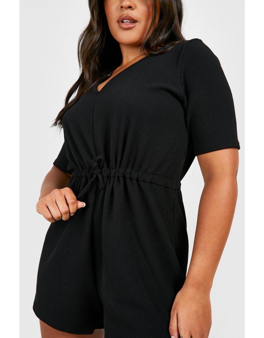Plus Crinkle Rib V Neck Playsuit - black - 3