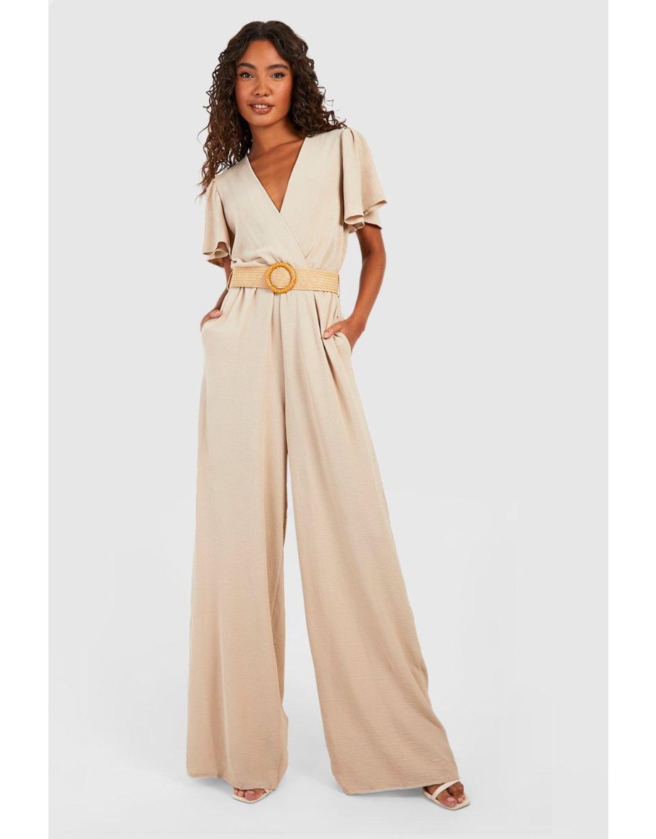 Tall Belted Angel Sleeve Jumpsuit - stone