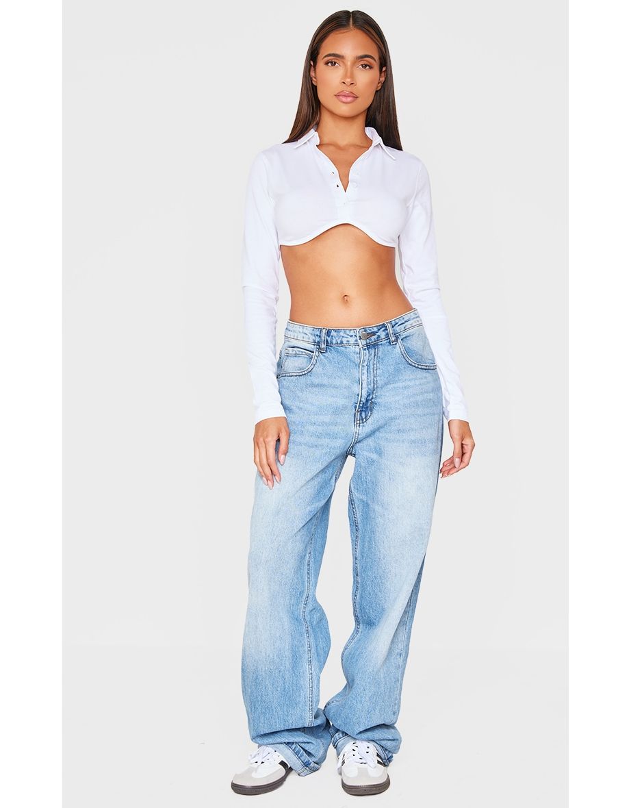White Cotton Shirt Look Crop Top