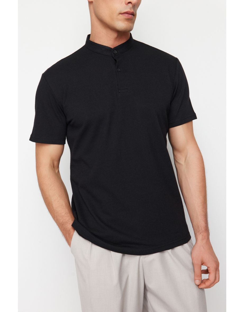 Black Regular/Normal Cut Textured Collar Buttoned T-shirt - 7