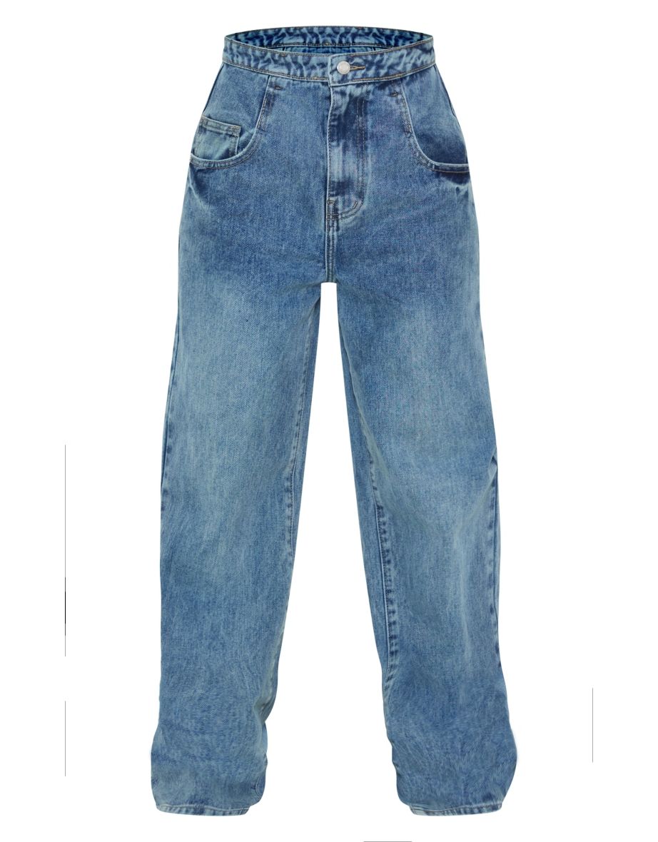 Indigo Vintage Wash Foldover Waistband Wide Leg Jeans - 4