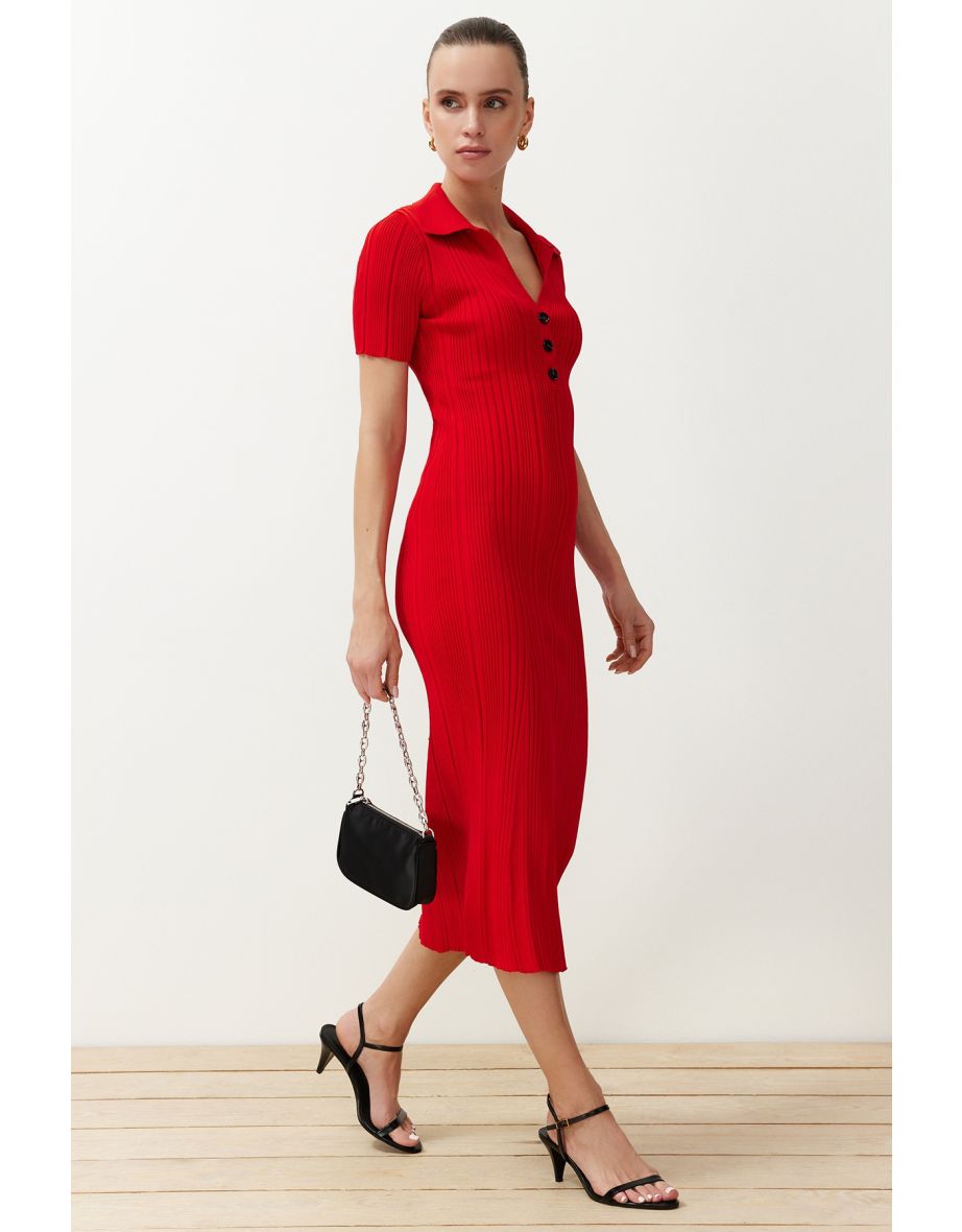 Red Plain Maxi Knitwear Polo Collar