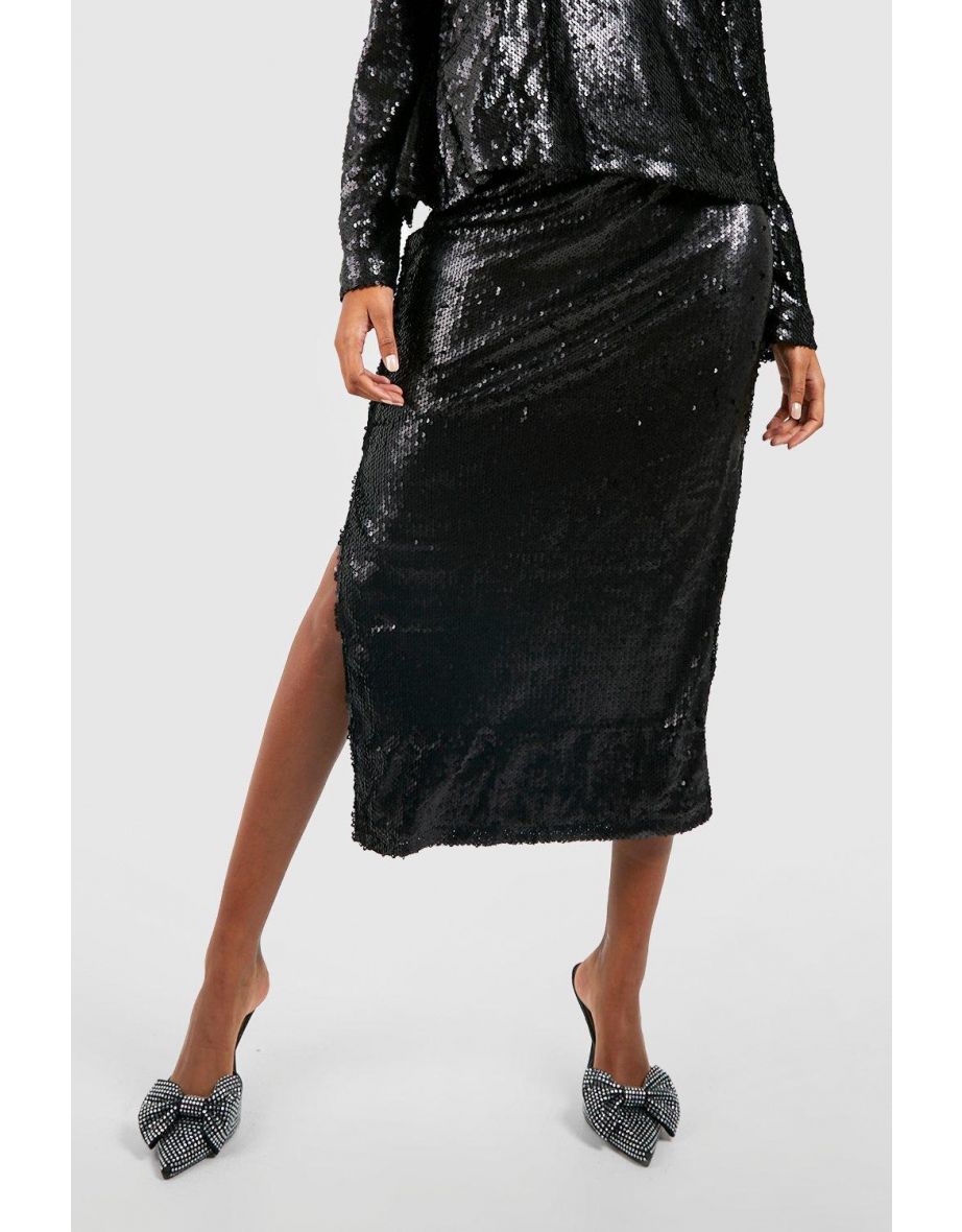 Matte Sequin Split Side Midaxi Skirt - black - 3