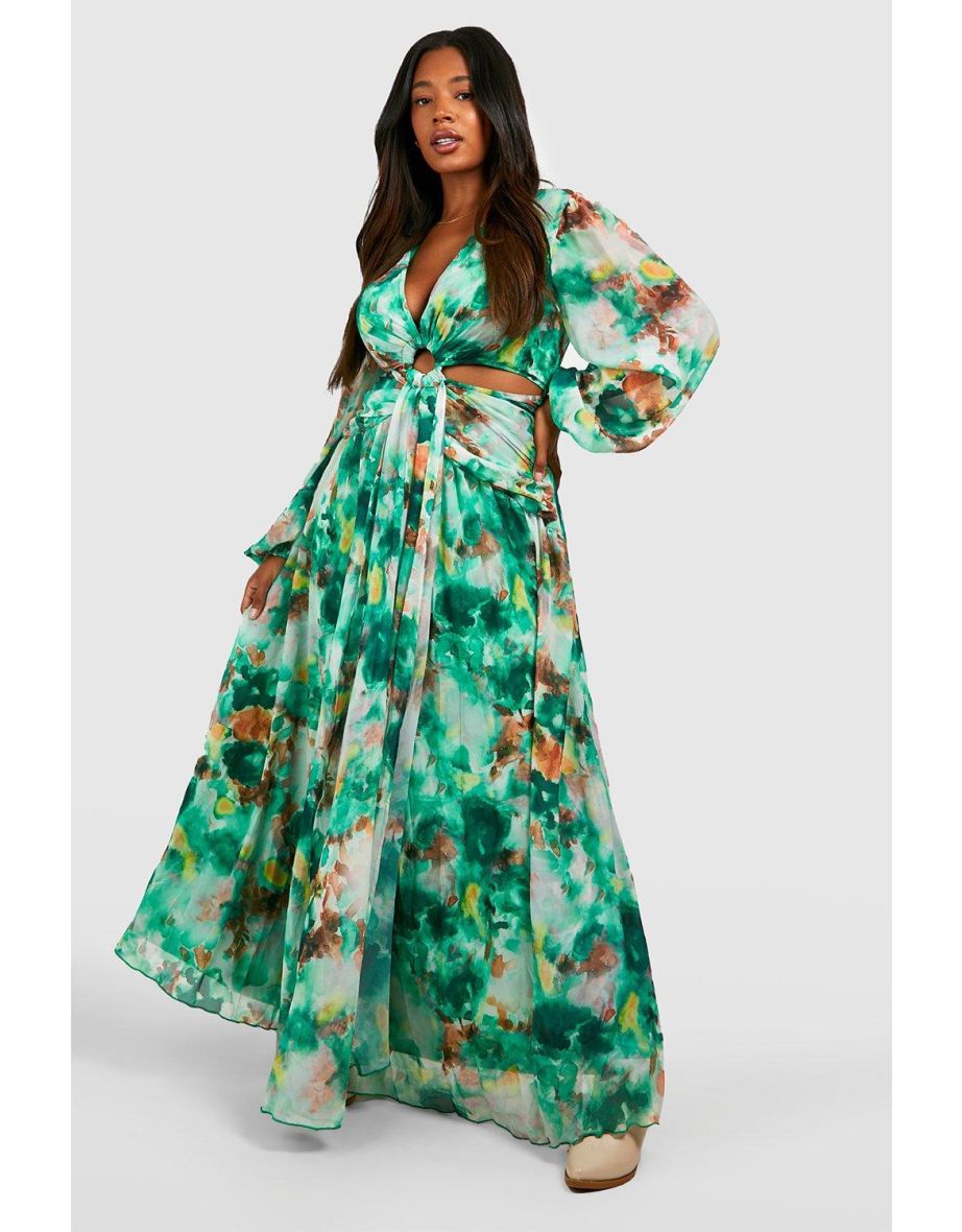 Floral Print Chiffon Cut Out Maxi Dress - green