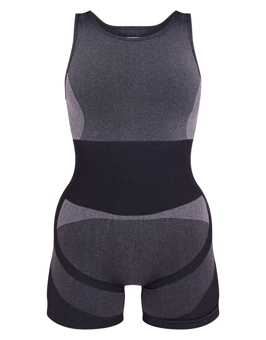 PLT SPORT Black Seamless Open Back Jacquard Unitard - 4
