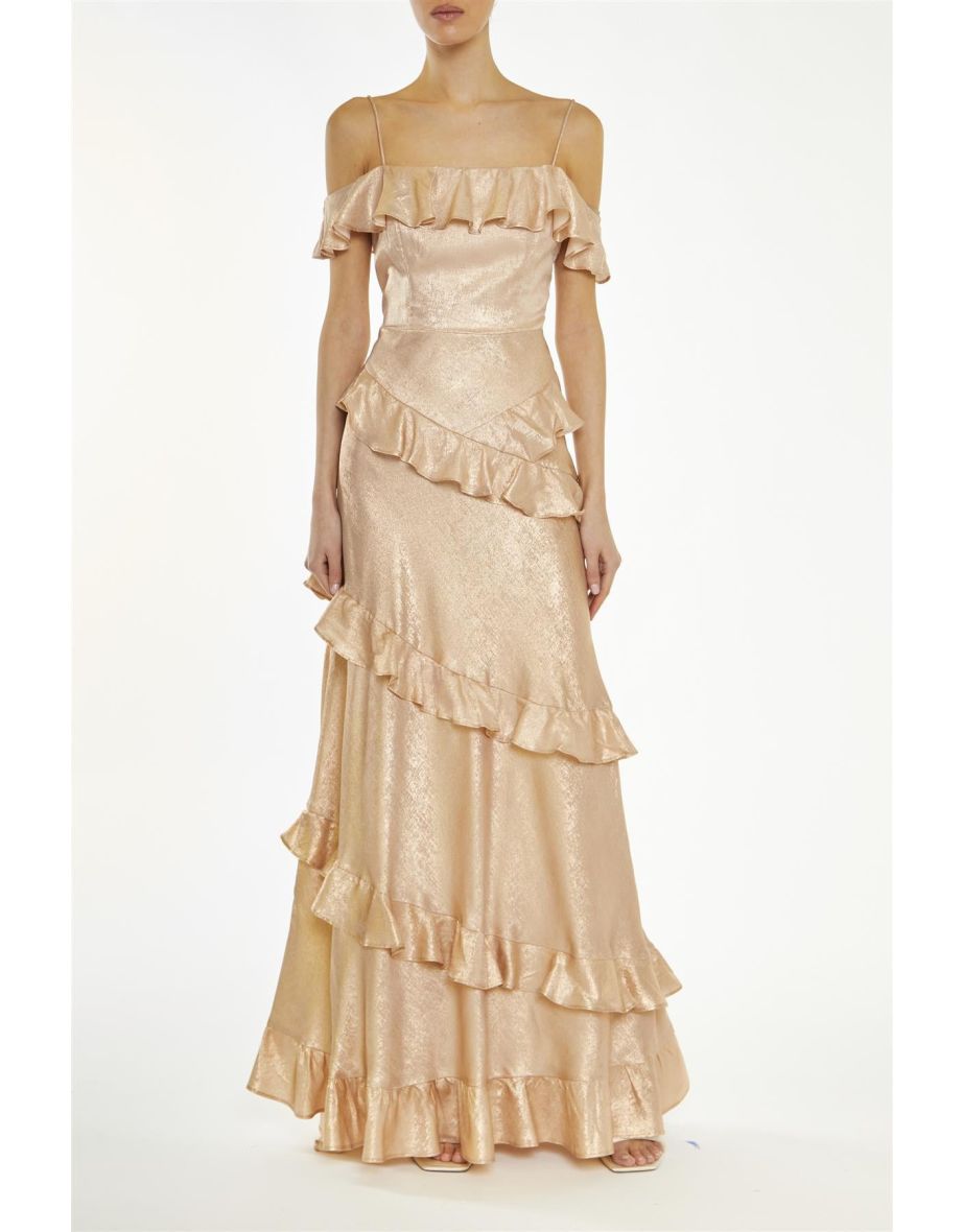 Drew Metallic-Copper Cold-Shoulder Ruffle Maxi-Dress - 2