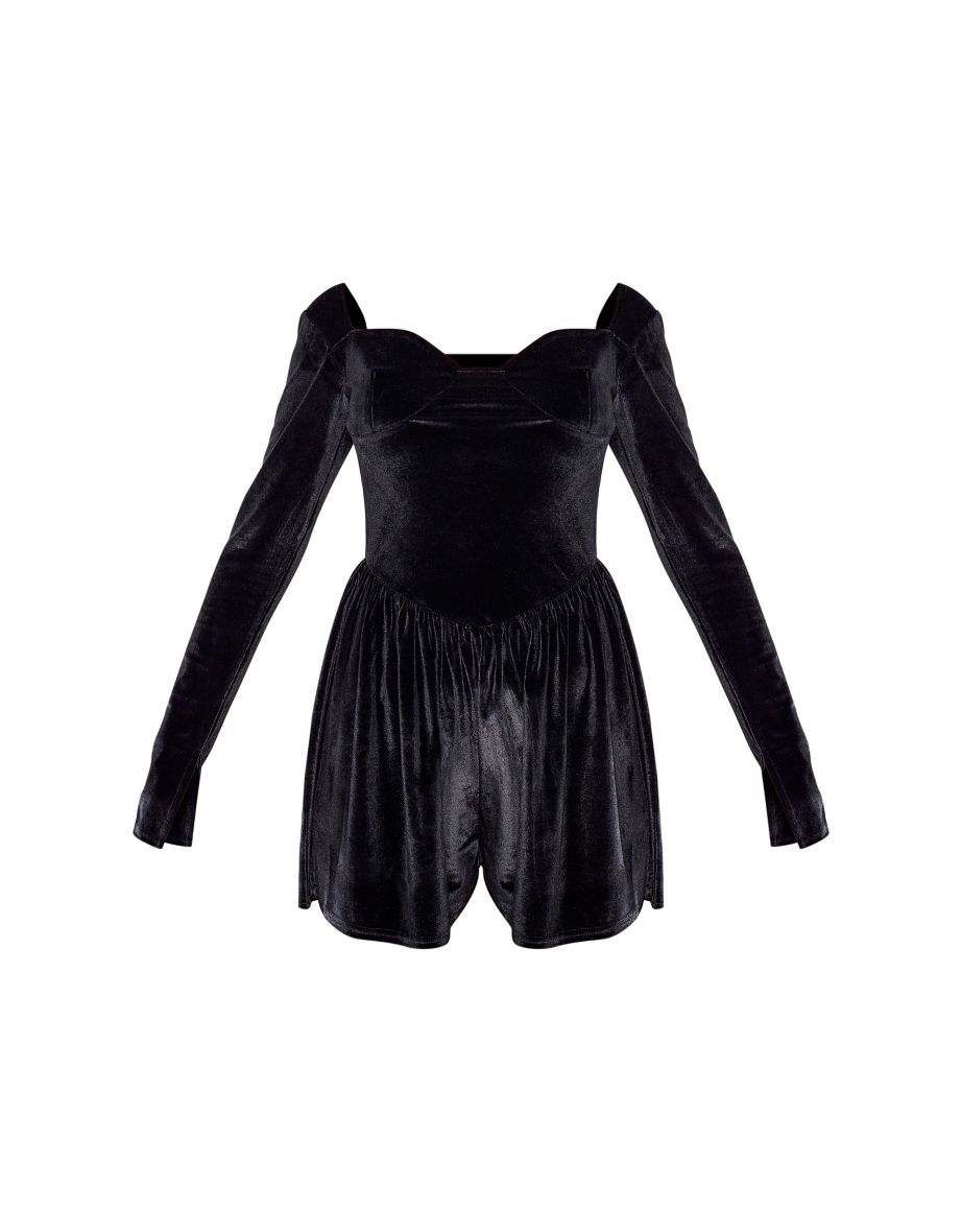 Black Velvet Cup Detail Long Sleeve Skater Playsuit - 4
