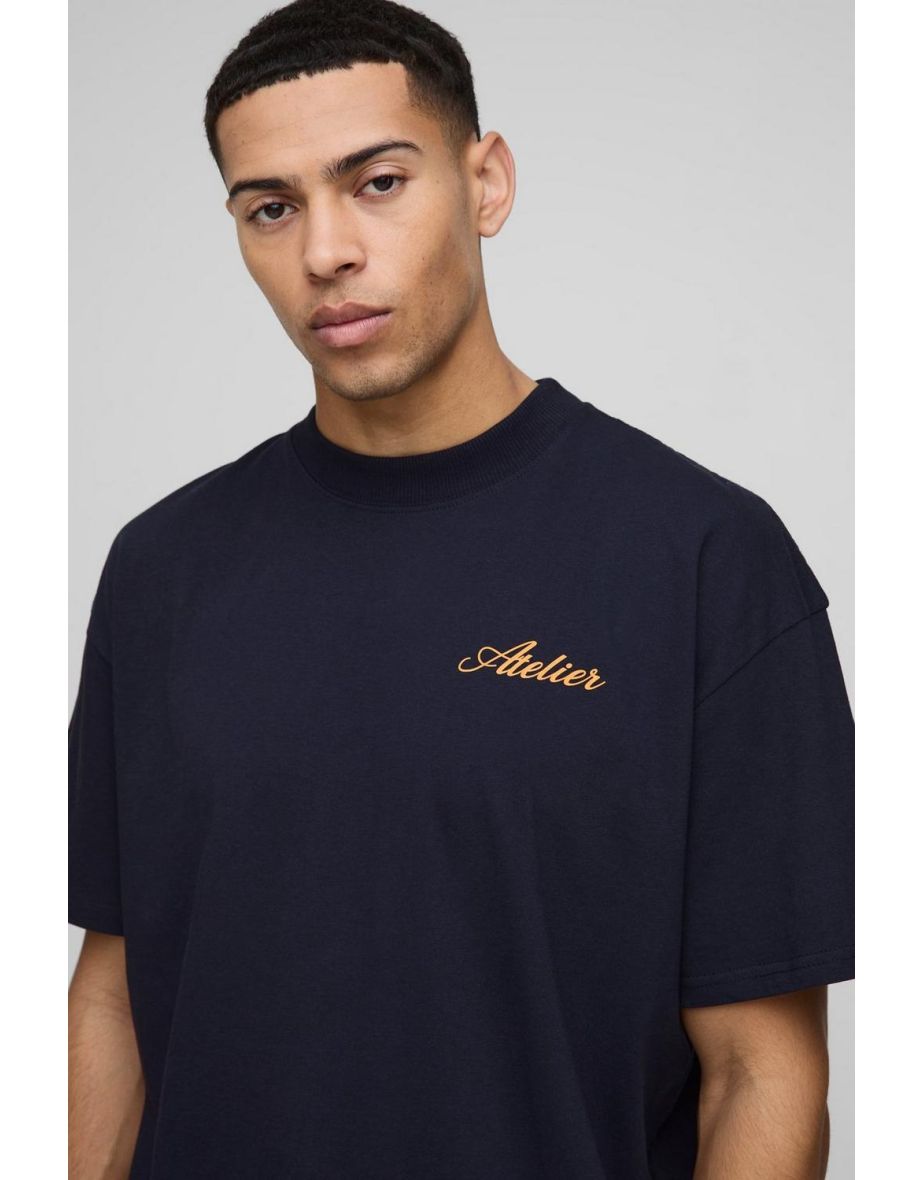 Oversized Extended Neck Atelier Over Seams Print T-Shirt - navy