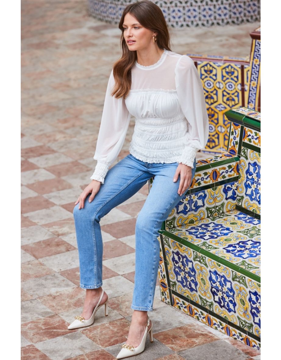 Ivory Shirred Detail Mesh Sleeve Top - 4