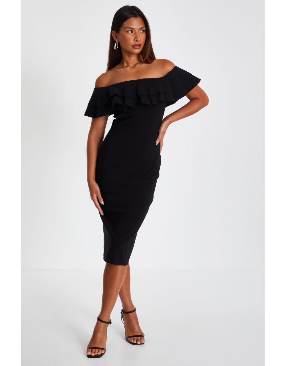 Black Bardot Ruffle Midi Bodycon Dress