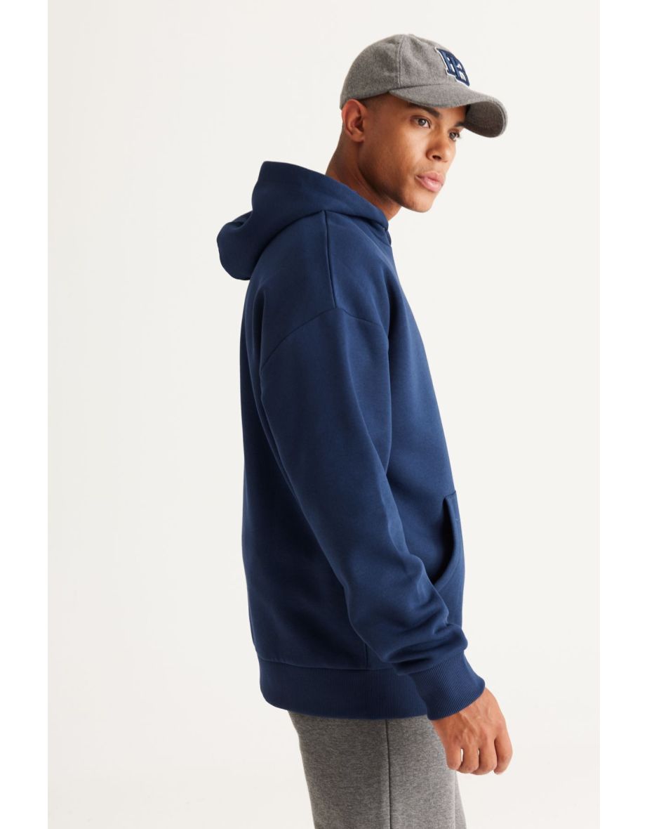 Men's Navy Blue Oversize Fit Loose Fit Hooded Fleece 3-Thread Cotton Sweatshirt - 5