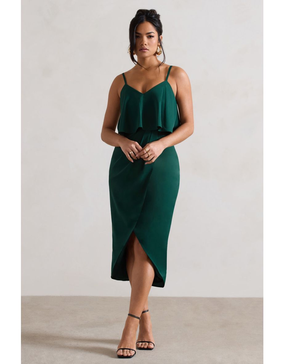 Faro | Bottle Green Strappy Draped-Neck Wrap  Dress - 4